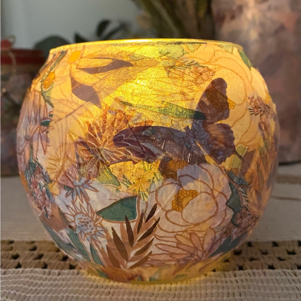 Handcrafted Floral Collage Round Glass Candle Holder